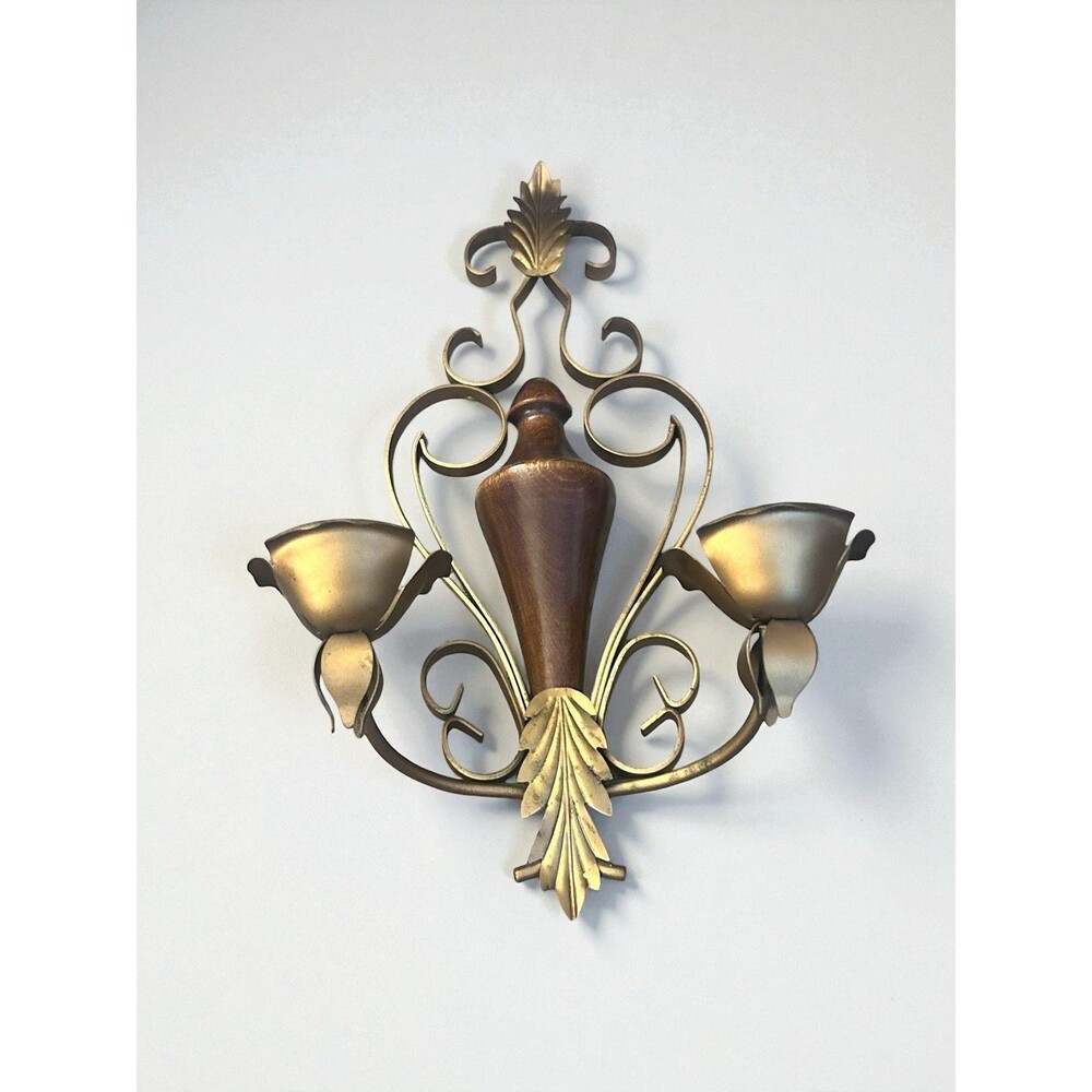 Vtg Wood Gold Metal Scroll Double Candle Holder Wall Sconce Hollywood Regency